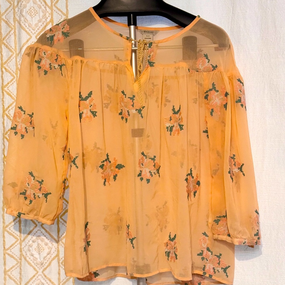 Ariat Sheer Floral Blouse in Peach and Green